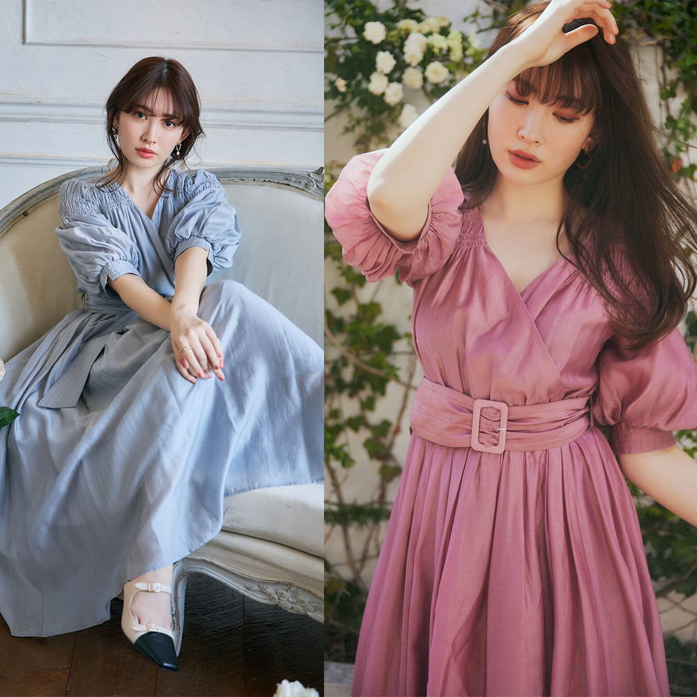 Airy Volume Sleeve Dress coral柄デザイン無地