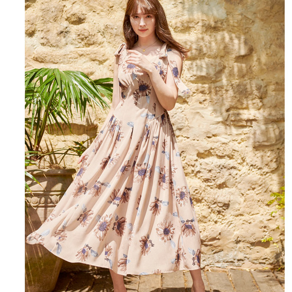 herlipto Sunflower-Printed Midi Dress - ロングワンピース