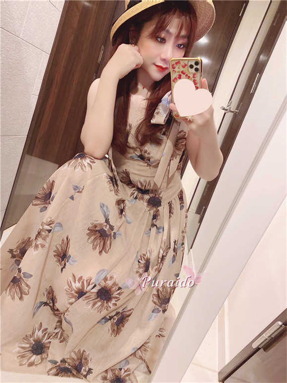 ひざ丈ワンピースSunflower-Printed Midi Dress