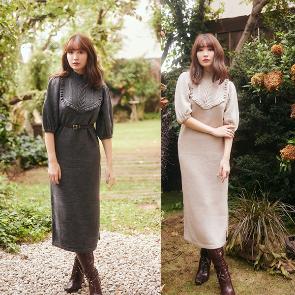 Belted Ruffle Cable-Knit Dress  Mサイズ